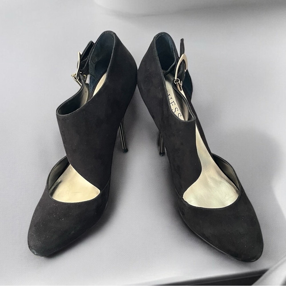 GUESS US9 Adrina Black Suede Pumps Buckle Stiletto 5" Heel - Size 9